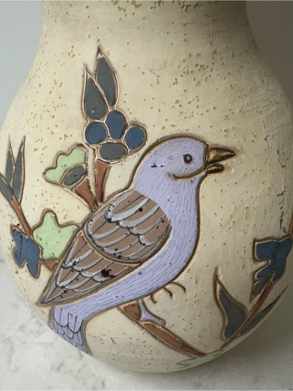Vintage Gardiel Tonalá Mexican Folk Art Pottery Vase Signed  Purple Bird Design